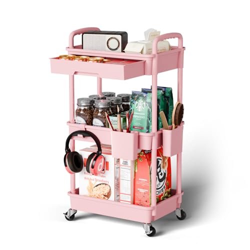 3-Tier Rolling Utility Cart with Drawer & Hooks, Pink Mobile Storage Shelf
