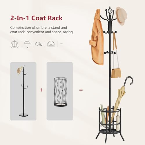 Freestanding Coat Rack with Umbrella Holder and 16 Hooks, Black Metal