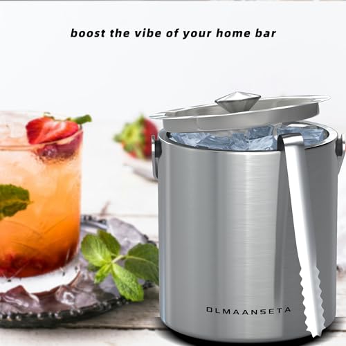 Olmaanseta Mini Double Walled Stainless Steel Ice Bucket with Lid & Tongs 1.3L for Parties & Home Bar