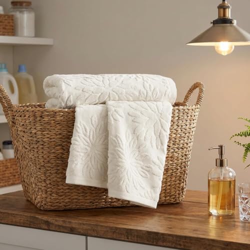 3D Dahlia Floral Jacquard Hand Towels, 100% Cotton Absorbent Set of 2
