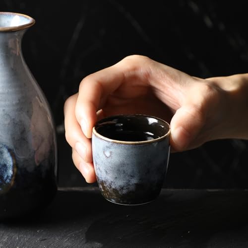 Leegg Black Grey Ceramic Sake Set with 1 Large Pot & 4 Cups - Elegant Tableware