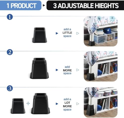 Heavy Duty Adjustable Bed Risers - Stackable 3, 5, or 8 Inch Furniture Lifts