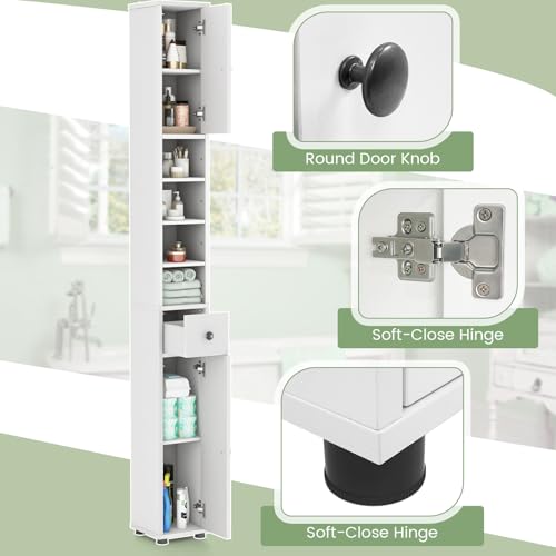 Tall Slim Bathroom Storage Cabinet, 71-Inch Freestanding Tower with Drawer