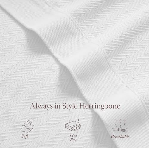 Threadmill 100% Cotton Queen Blanket - All-Season Herringbone Weave, White