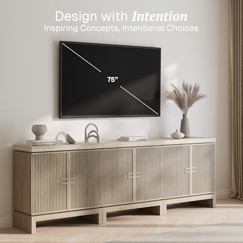 Modern Fluted Sideboard Buffet Cabinet with Travertine-Look Top