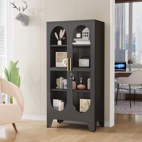 61-Inch Tall Metal Curio Cabinet with Glass Doors and Locking Storage