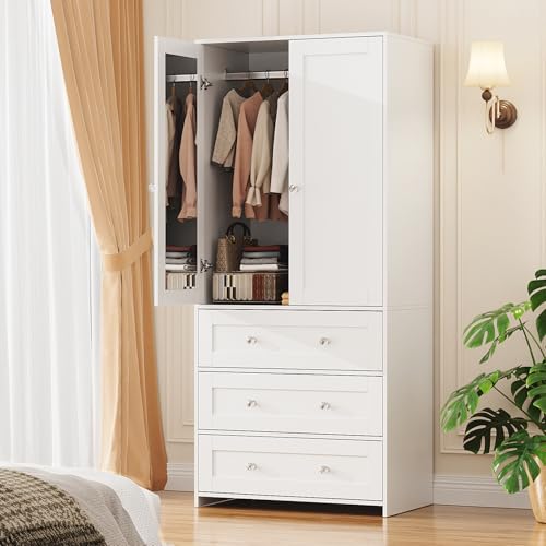 71-Inch Tall Bedroom Wardrobe Closet with Mirror, Drawers, and Hanging Rod