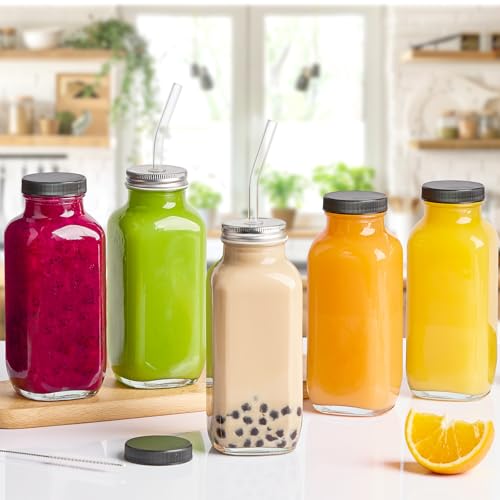 Kucoele 16oz Glass Juice Bottles with Airtight Lids & Straws - Pack of 10