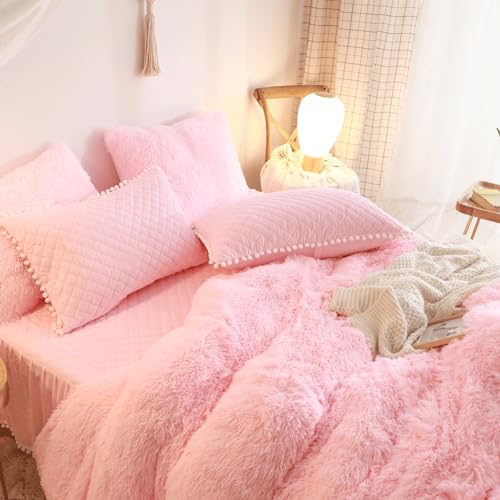 Fluffy Pink Faux Fur Duvet Cover Set - 3-Piece Queen Shaggy Bedding