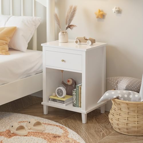 Extrasleep Kids Nightstand with Storage Drawer - White, 27"H Toddler Bedside Table for Boys & Girls, Modern End Table with Shelf