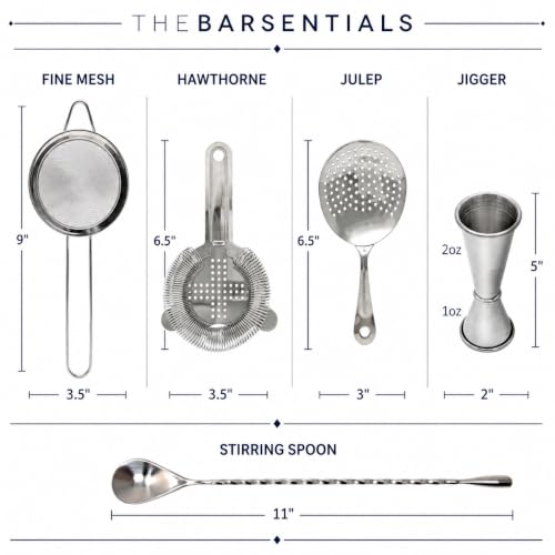 TheBarsentials 5-Piece Stainless Steel Cocktail Strainer Set with Stirring Spoon - Hawthorne, Julep, Fine Mesh & Jigger