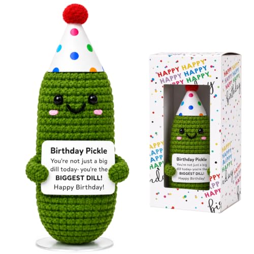 Handmade Crochet Birthday Pickle Plush with Gift Box and Display Stand