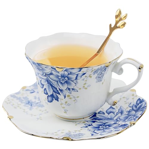 Harahiko Blue Country Roses Porcelain Tea Cup and Saucer Set with Gold Trim - Vintage Style, 8.5oz