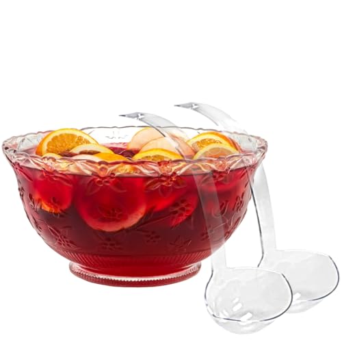 3-Gallon Plastic Punch Bowl with 2 Ladles - Embossed Clear Party Serveware