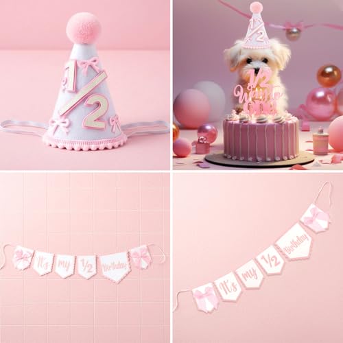 Half Birthday Decoration Set for Baby Girl - Banner, Crown & Cake Topper