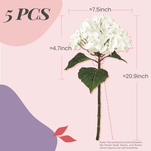 21-Inch Real Touch White Artificial Hydrangea Flowers with Stems, 5 Pack
