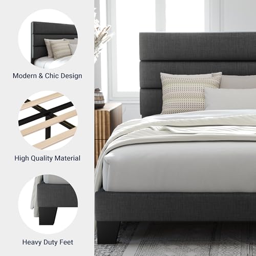 Allewie Queen Size Platform Bed Frame with Upholstered Headboard Dark Grey