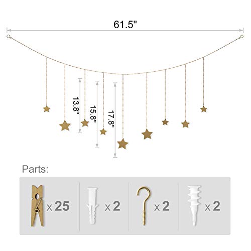 Boho Hanging Photo Display with Gold Star Garland and 25 Wood Clips