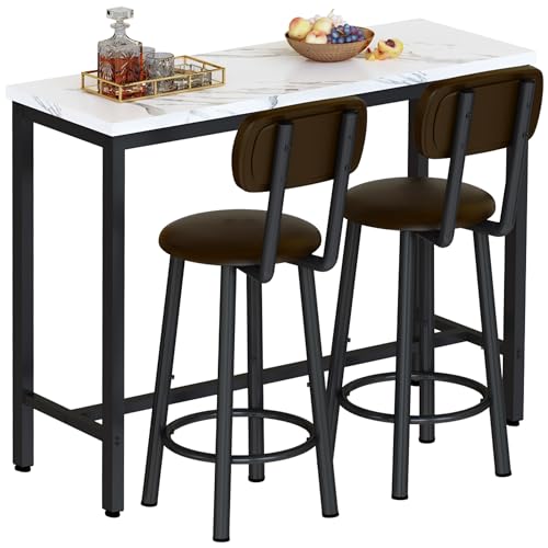 3-Piece Faux Marble Pub Table Set with 2 Backrest Stools for Small Spaces