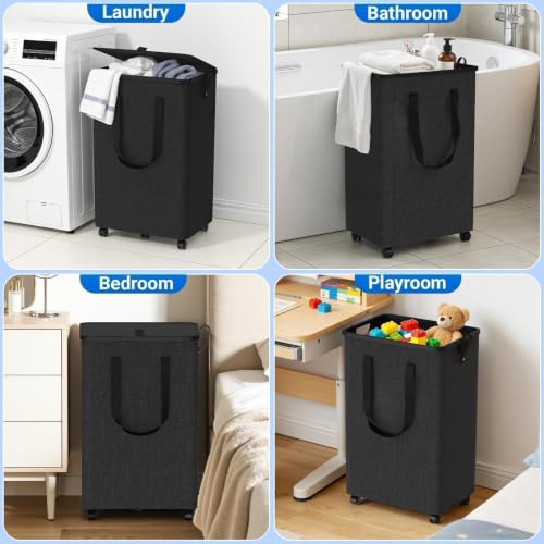 SmartKempt Rolling Laundry Basket with Wheels and Lid, 75L Deep Gray