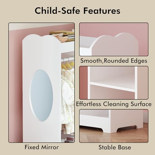 Kids Dress Up Storage Rack with Mirror, Hanging Rod, and Shelves - White