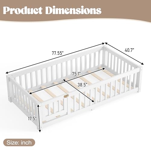 Twin Montessori Floor Bed Frame with Fence, Door, and Wood Slats