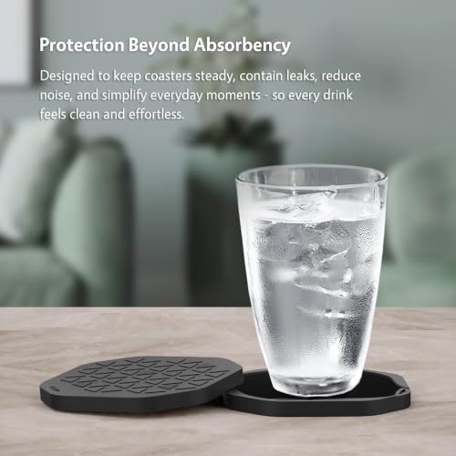 UMIRRO 6 Pack Black Octagon Felt & Silicone Drink Coasters with Holder - Absorbent & Leakproof