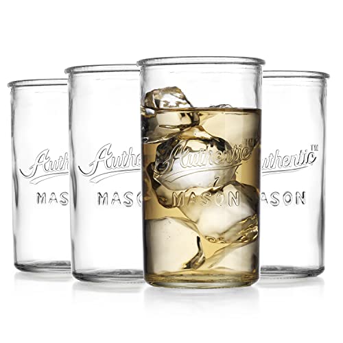 Authentic Glaver's Vintage Mason Drinking Glasses Set of 4 – Clear 18oz Tumblers for Cocktails & More
