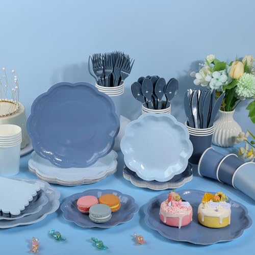 AimFun Dusty Blue Scalloped Plates & Napkins Party Set for 24 Guests (168 pcs)