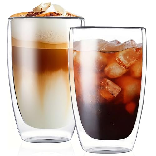 MESNEY 17oz Double Walled Glass Coffee Mugs Set of 2 - Insulated, Clear Latte Cups for Home & Cafe
