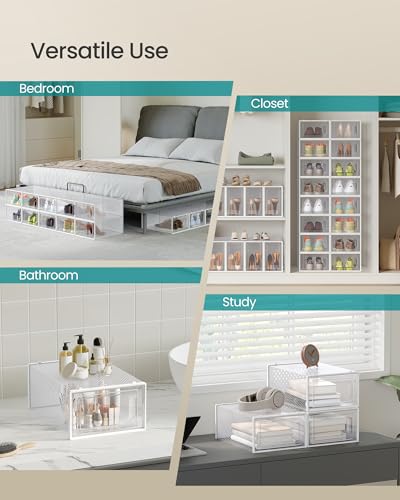 Stackable Clear Plastic Shoe Boxes (Pack of 12) - Closet Storage Organizers