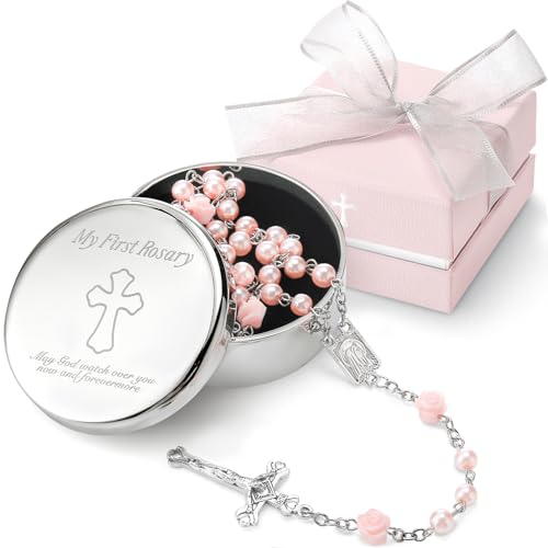 Baby Girl Baptism Gift Set - Pink Rosary with Silver Keepsake Box