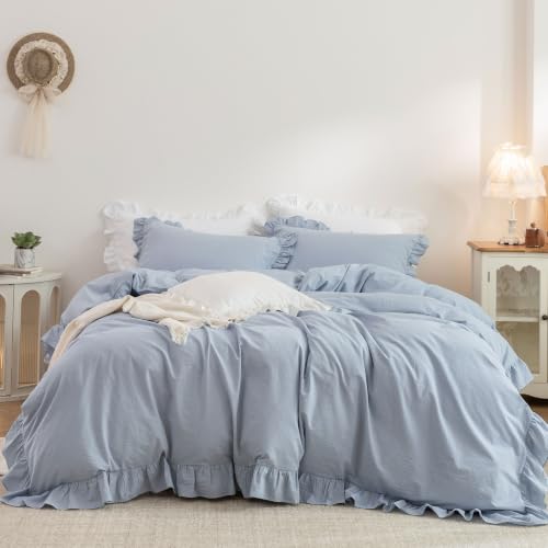 Ruffle Duvet Cover Set Queen - 100% Washed Cotton, 3 Pieces