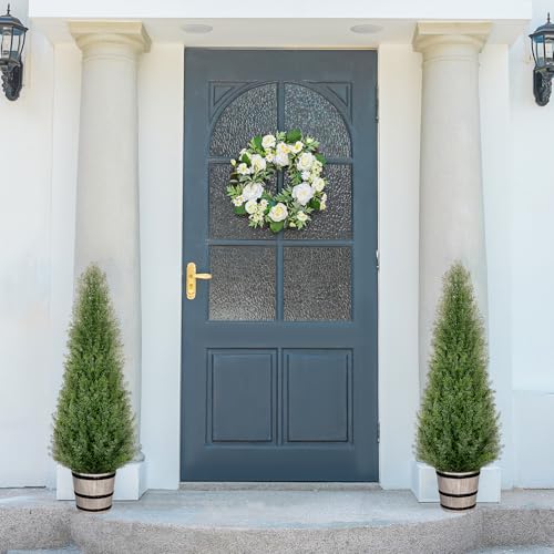 4ft Artificial Cedar Topiary Trees in Rustic Barrel Planters, Set of 2
