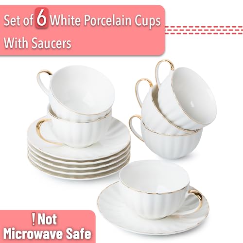 White Cappuccino Cups with Saucers Set of 6 - 7 oz Tea & Coffee Cups, Golden Trim - Brew To A Tea