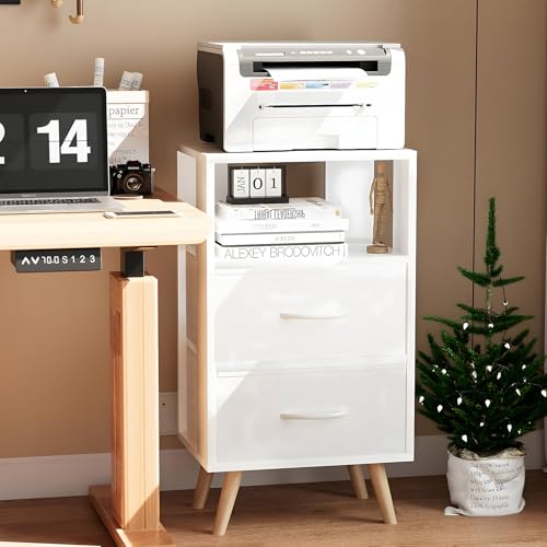 3-Tier Modern Nightstand with Fabric Drawers, White Wooden Side Table