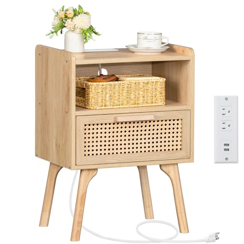 Rattan Nightstand with Charging Station, Boho Side Table with Drawer
