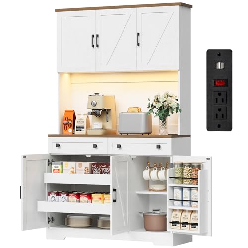 71-Inch Kitchen Pantry Cabinet with LED Lighting, Outlets, and USB Ports