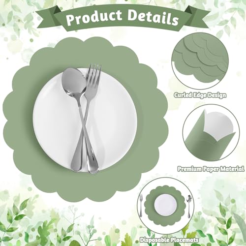 60 Pcs Sage Green Paper Placemats, 13.5 Inch Scalloped Disposable Table Mats