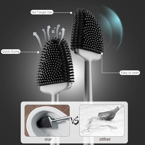 Silicone Toilet Brush and Holder Set - Flat Flexible Head, Rustproof Handle