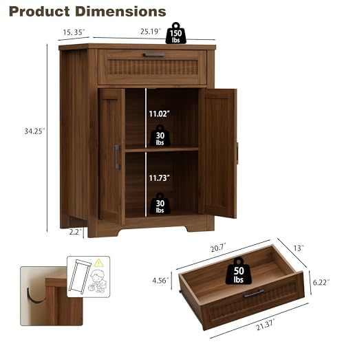 Fluted Farmhouse Sideboard Cabinet with Drawer and Adjustable Shelf, Walnut