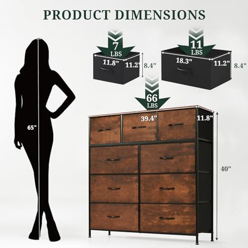 9-Drawer Fabric Dresser Chest of Drawers with Wood Top & Metal Frame