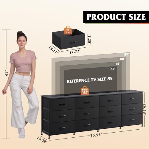 12-Drawer Long TV Stand Dresser for 85 Inch TVs, Black Storage Console