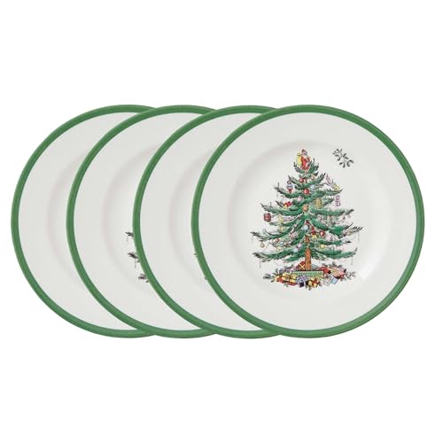 Spode Christmas Tree Salad Plates Set of 4 - 8 Inch Green & White Holiday Dinnerware