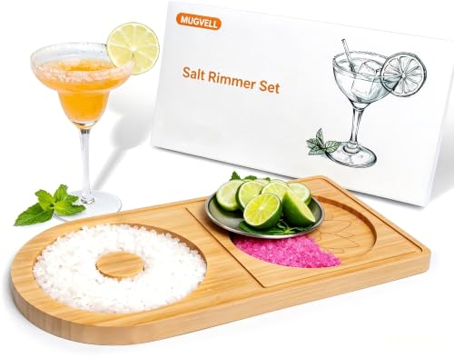 MUGVELL 12.6x6.3 Inch Cocktail Salt Rimmer Set with Dual-Seasoning Stainless Steel & Bamboo Stand