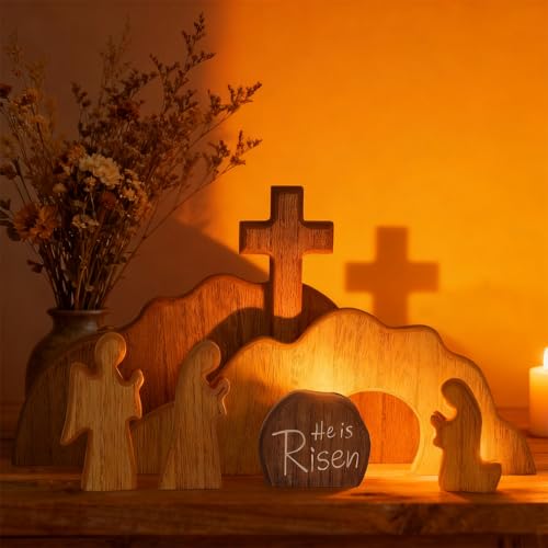 Wooden Easter Resurrection Scene Set, 7-Piece Empty Tomb Cross Tabletop Decor