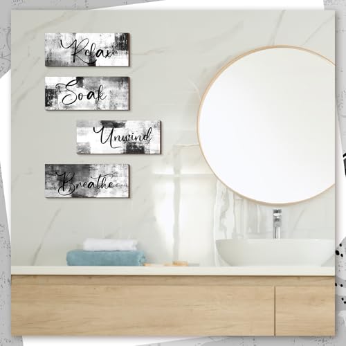 4-Piece Modern Bathroom Wall Art Set, 10x4 Inch Black and White Wooden Signs