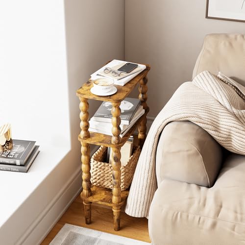 3-Tier Narrow Side Table with Storage Shelf, Rustic Brown End Table