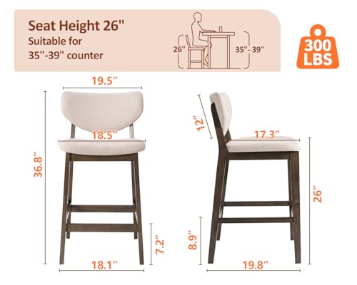 26-Inch Upholstered Counter Height Bar Stools with Back, Set of 2