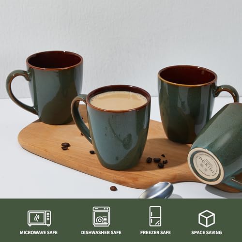 Pokini 14oz Coffee Mug Set of 4 - Artisan Glazed Ceramic Cups for Latte Tea Cappuccino, Brown Green Variation